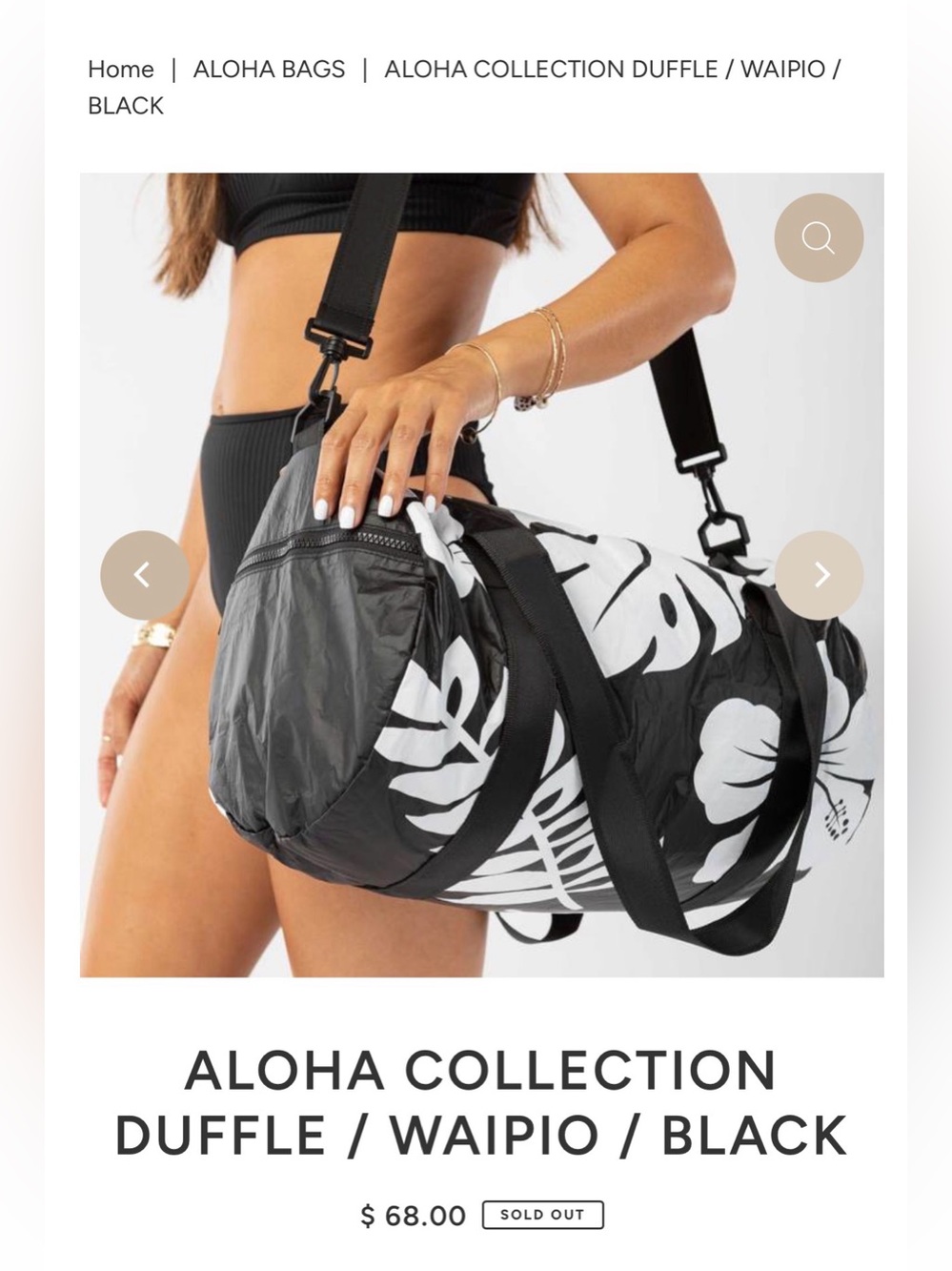 NWT ALOHA COLLECTION DUFFLE WAIPO BAG BALCK AND WHITE